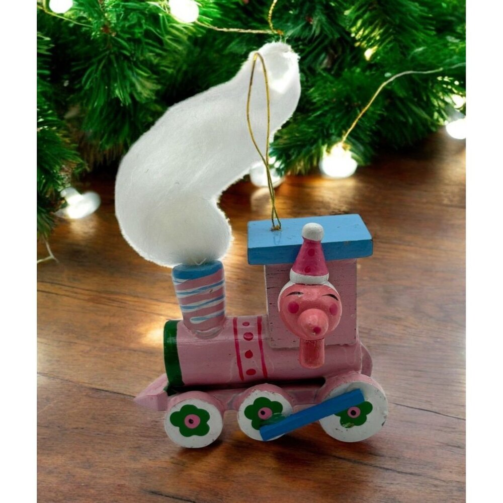 Vintage Wooden Train Christmas Ornament Santa Face Cotton Smoke Hand Painted